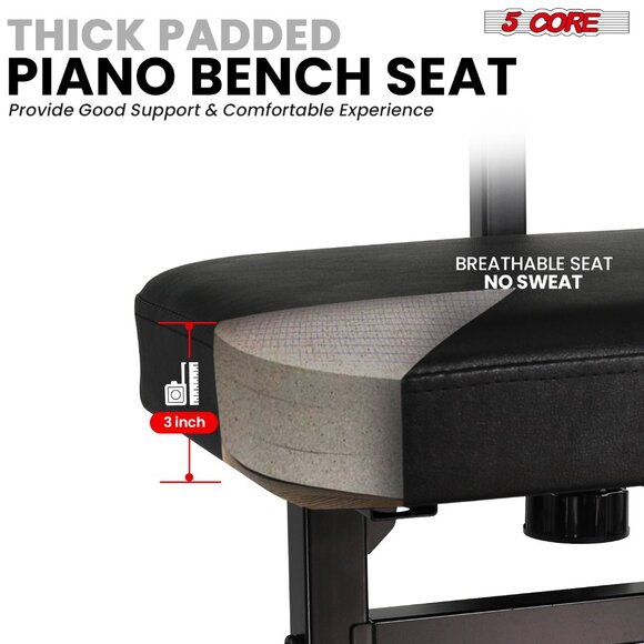 Piano Bench Height Adjustable Keyboard Stool ThickPadded Cushioned Seat Backrest - Picture 8 of 9